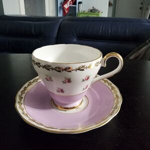 Vintage Bone China Teacup and Saucer Set in Pink and White with Gold Trim